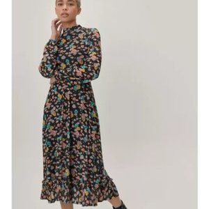 Nasty Gal Floral Print Maxi Mid Smock Long Sleeves Women Cool Vibes Dress